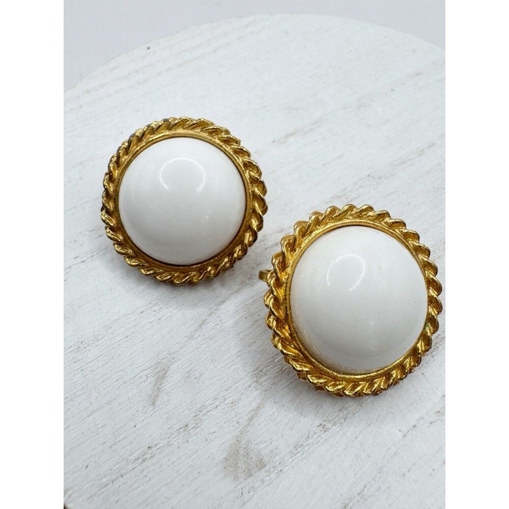 Vintage Milk Glass Button Earrings Gold Tone Rope Setting Retro Glam Clip On